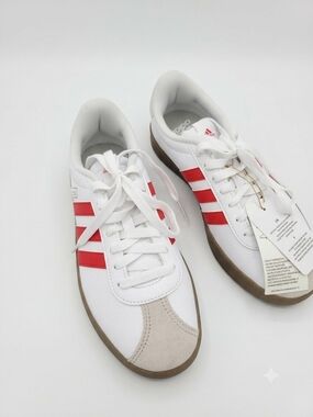 Adidas White Sneakers with Red Stripes